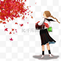 日系手绘背景图片_动漫厚涂手绘枫叶下日本女孩插画