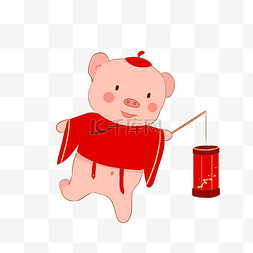 红色卡通汉服图片_拿灯笼的红衣小猪