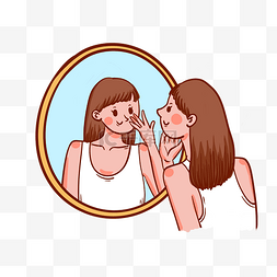 美容护肤图片_卡通矢量免抠美容护肤照镜子的女