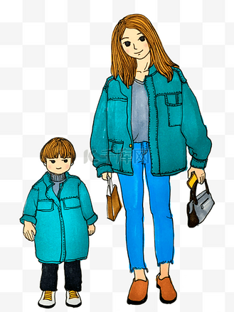假期出游蓝外套亲子装扮手绘插画风png免抠图