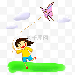 卡通云朵风筝图片_春天放风筝的女孩插画