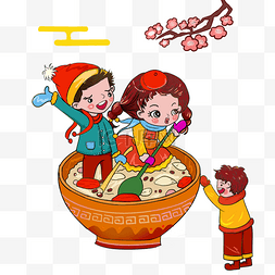 传统节日手绘插画图片_新年喝粥的孩子们
