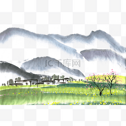 简约手绘风景图片_边塞春天水墨画PNG免抠素材