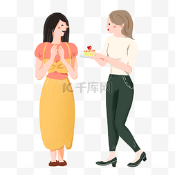 卡通闺蜜人物图片_卡通手绘女孩送给闺蜜美味蛋糕