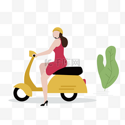 扁平摩托车图片_通用节日彩色手绘扁平化美女骑车