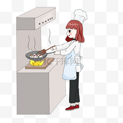 美食人物插画图片_烹饪女厨师炒菜插画