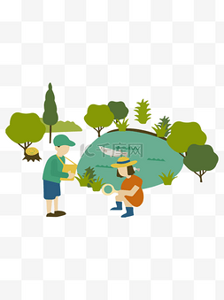 森林扁平图片_植物游玩儿童保护环境类人物插画