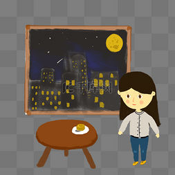 中秋节窗前赏月吃月饼的女孩
