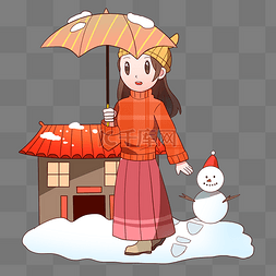 大寒人物和雪人插画