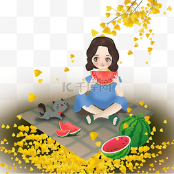 秋季银杏叶背景图片_和小猫咪野餐的小女孩