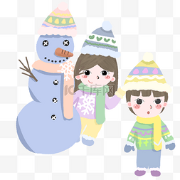 小孩子堆雪人图片_冬季暖色系卡通手绘小孩子堆雪人