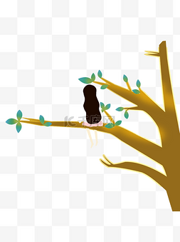 卡通手绘坐在树枝上的小女孩