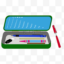 铅笔学习用具图片_儿童绿色文具盒插画