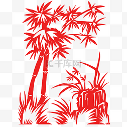 莫兰迪植物插画图片_红色剪纸风竹兰免扣素材