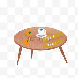 手绘桌子橘子面包咖啡茶