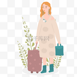 拎包的时尚女人图片_插画风拎行李的女人