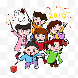 卡通儿童2019放鞭炮过新年png透明