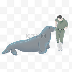 动物喂养图片_手绘海狮与驯兽员插画
