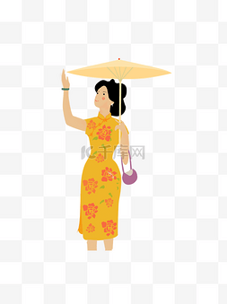 穿花朵旗袍打伞的民国女子
