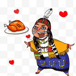 手绘吃鸡人物图片_西方节日感恩节手绘插画