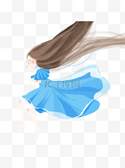 跳跃的长发蓝裙子女孩可商用元素