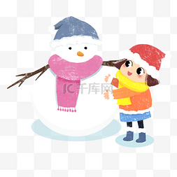 卡通手绘小女孩堆雪人