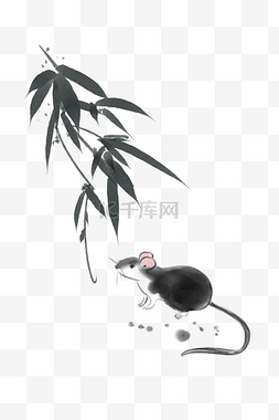 手绘水墨竹子和老鼠插画