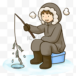 冰上的寒气图片_ 男孩冰上钓鱼