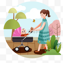 母婴人物和婴儿车插画