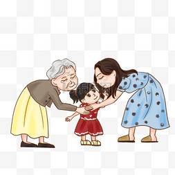 手绘温馨家庭奶奶和妈妈照顾小女