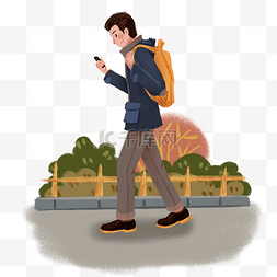 背包走路的人图片_手绘小清新冬季走路看手机的人物