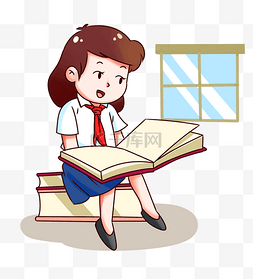 卡通开学小学生图片_开学季看书学习的小女孩插画