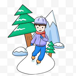 高山滑雪卡通图片_卡通手绘男孩冬季滑雪插画