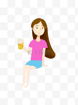 夏季喝果汁图片_坐着喝果汁的夏季服饰卡通女孩