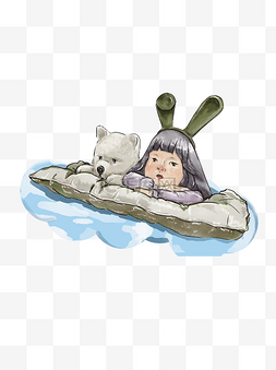 卡通兔耳朵耳朵图片_卡通女孩和玩具熊靠着枕头元素