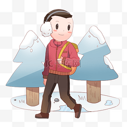 手绘冬季背书包的男孩插画