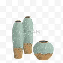 花瓶陶瓷图片_手绘复古浅绿色花瓶摆件组合