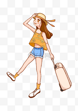 拿行李图片_假期旅游拿行李戴草帽的女生PNG素