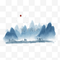 云雾水波水墨图片_蓝色的水墨山水插画