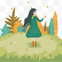 绿色草地上图片_霜降唯美女孩站在草地上