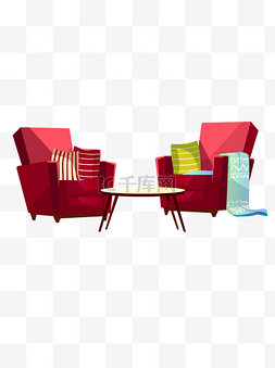 休闲皮沙发图片_红色沙发和圆形小茶几可商用元素