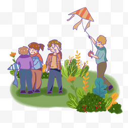 卡通人物在玩耍图片_在草坪上放风筝玩耍