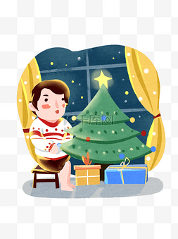 圣诞室内圣诞树礼物男孩扁平卡通