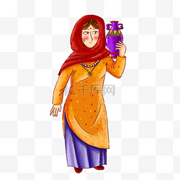 水瓶女孩图片_手绘拿水瓶的印度女孩png素材