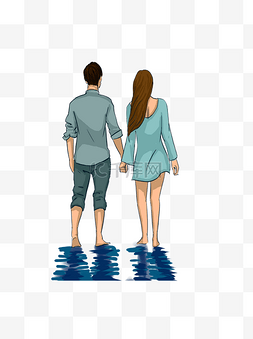 海边情侣情侣图片_海滩手牵手看风景的情侣背影和水