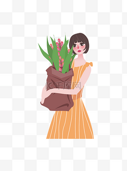 小清新抱着植物的少女插画元素