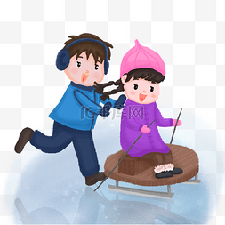 儿童玩耍手绘插画图片_冬季假期出游儿童玩耍冰车手绘插