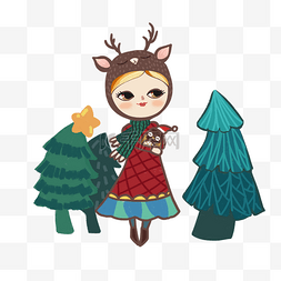 童话动物图片_圣诞主题森林中的麋鹿女孩