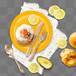 白色水果盘子图片_餐桌布上的美食早餐小蛋糕与面包