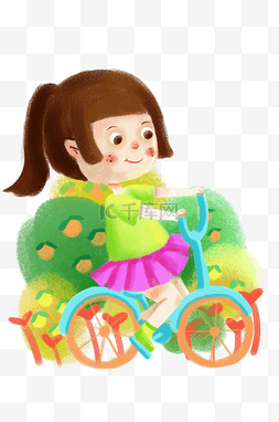彩色野外图片_卡通骑单车女孩插画